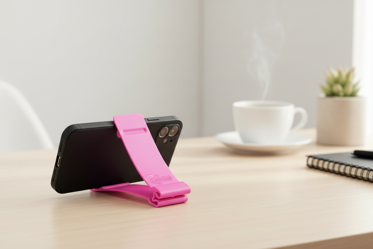 Pink phone stand on a desk with a smartphone, coffee cup, and plant in the background.