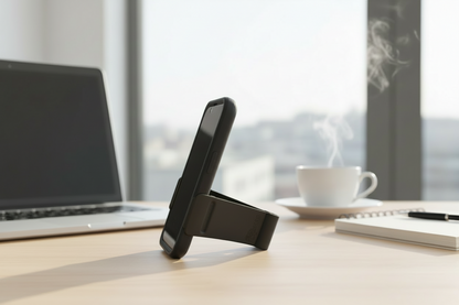 Black phone stand on a desk with a laptop, coffee cup, and notebook in the background.