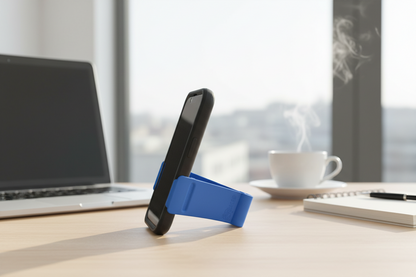 Blue phone stand on a desk with a laptop and coffee cup in the background