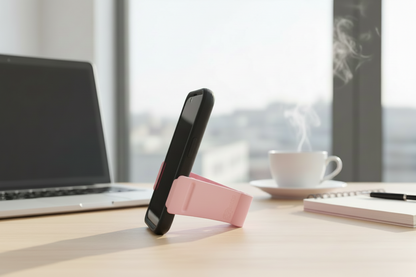 Phone on a pink stand with a laptop and coffee cup in the background