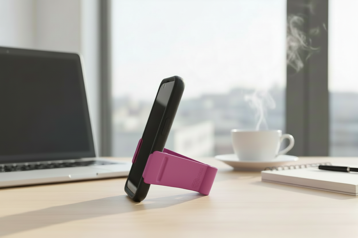 Magenta phone stand on a desk with a laptop and coffee cup in the background