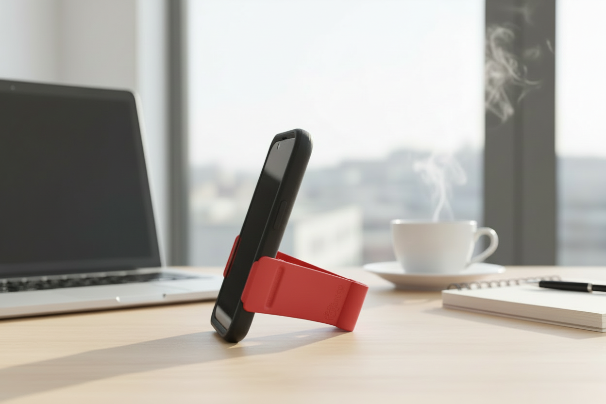 Red phone stand holding a smartphone on a desk with a laptop and coffee cup in the background.