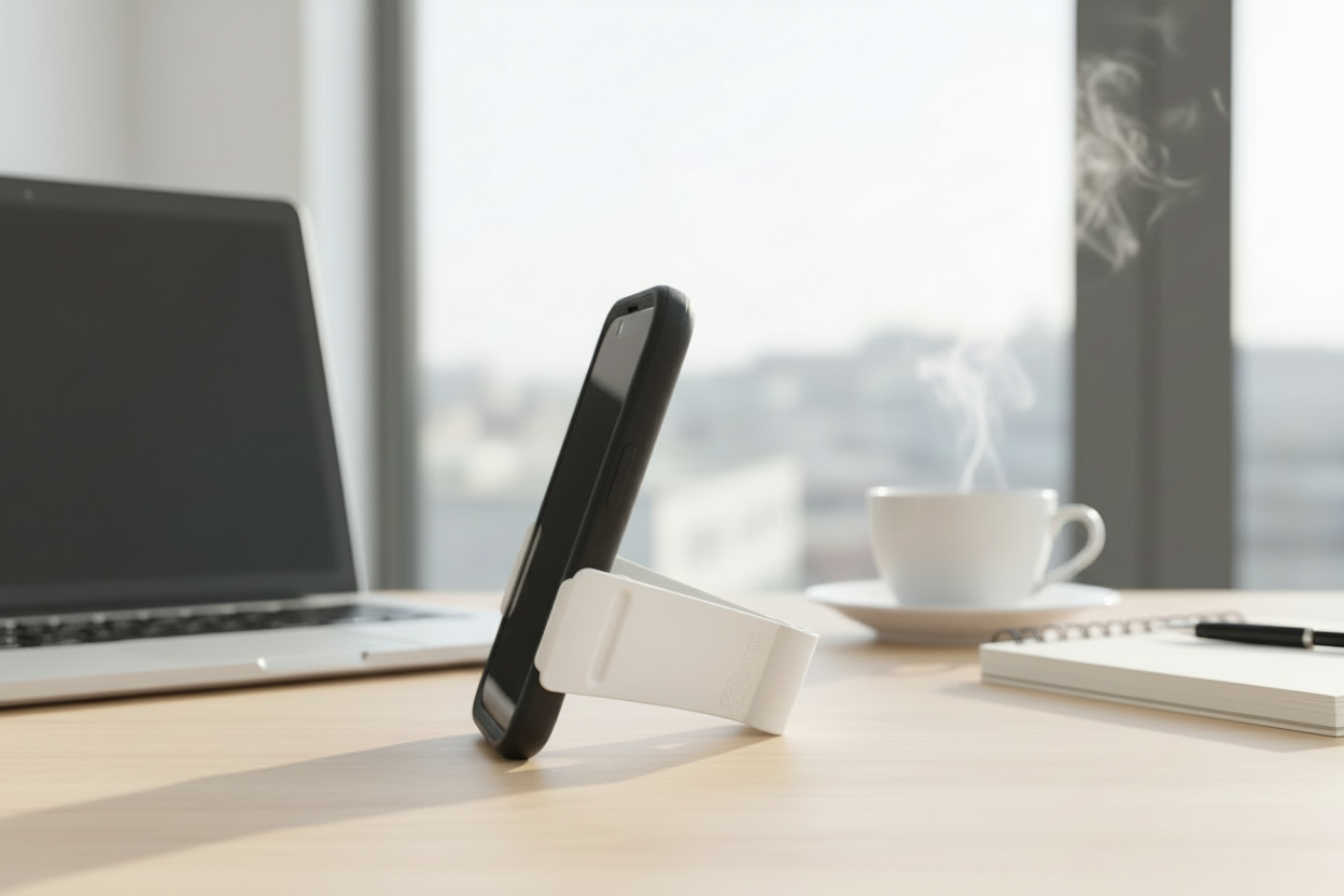 Black smartphone on a white stand on a desk with a laptop, coffee cup, and notebook in the background.